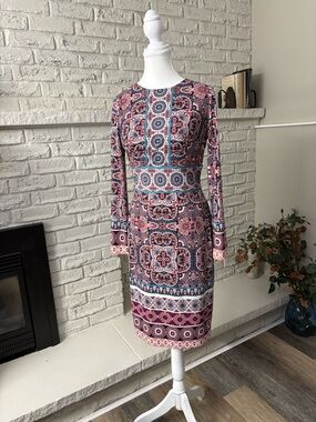 White House Black Market Pink and Blue Long-Sleeve Printed Sheath Dress